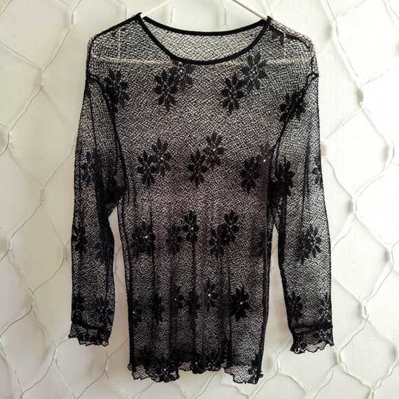 Lace LS Shirt / Pullover / Black / See-Through / Size Medium - Picture 7 of 7